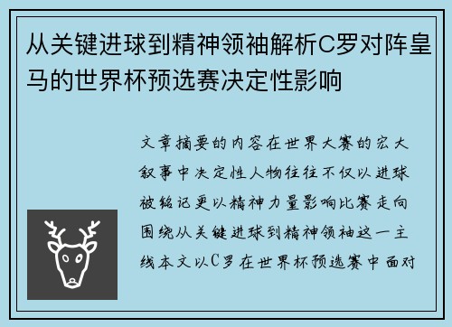 从关键进球到精神领袖解析C罗对阵皇马的世界杯预选赛决定性影响